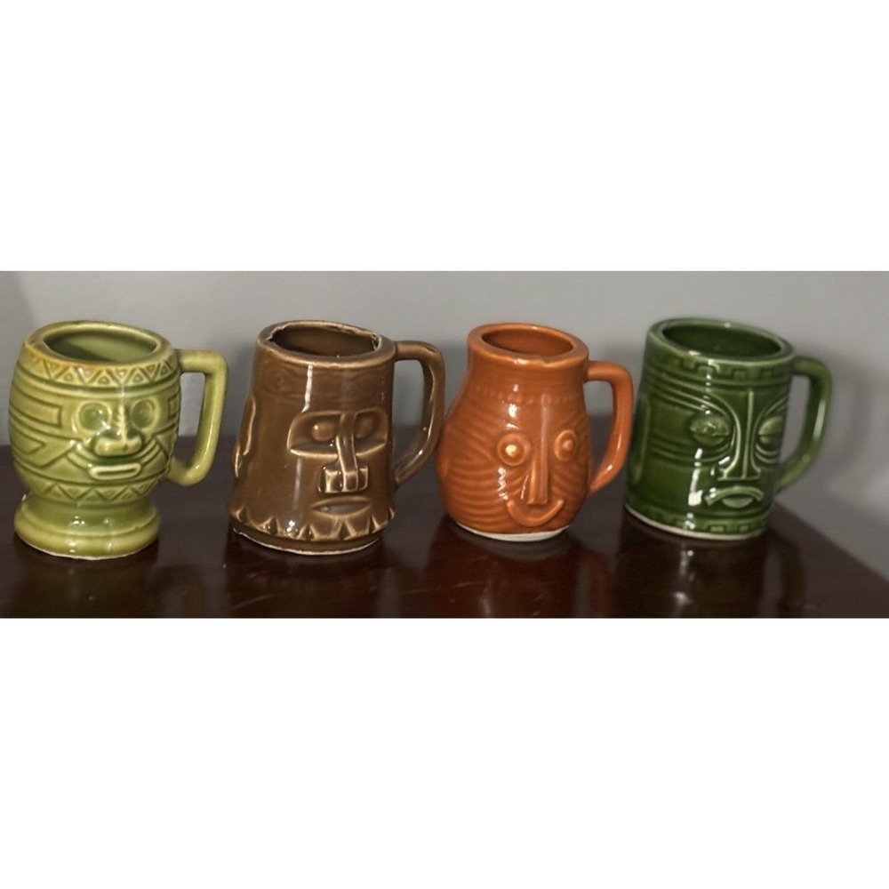 Vintage 4Pc Miniature Tiki Mask Face Mugs Shot Glasses Planters Holders